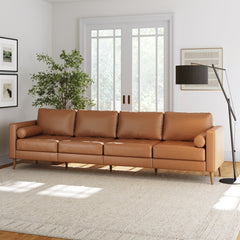 Mid-Century Tufted Leather 4-Seat Sofa Camel