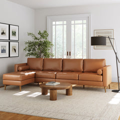 Mid-Century Tufted Leather 4-Seat Sofa with Chaise Camel