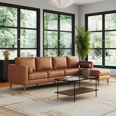 Mid-Century Tufted Leather 4-Seat Sofa with Chaise Camel