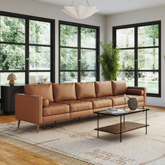 Mid-Century Tufted Leather 5-Seat Sofa Camel