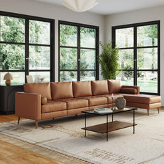 Mid-Century Tufted Leather 5-Seat Sofa with Chaise Camel