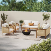 Outdoor 4 Piece Wood Patio Set Rattan Loveseats and Chairs