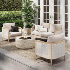 Outdoor 3 Piece Wood Patio Set Rattan Loveseat and Chairs