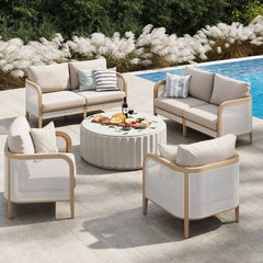 Outdoor 4 Piece Wood Patio Set Rattan Loveseats and Chairs