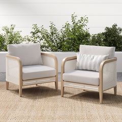 Outdoor Wood & Rattan Patio Arm Chairs Gray Oak (Set of 2)