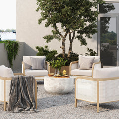 Outdoor Wood & Rattan Patio Arm Chairs Gray Oak (Set of 4)