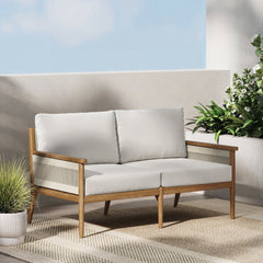 Outdoor Wood & Rope Patio Loveseat Light Gray