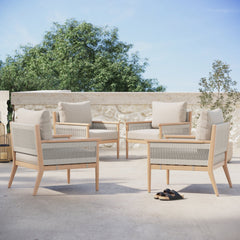Outdoor Wood & Rope Patio Arm Chairs Ash White (Set of 4)