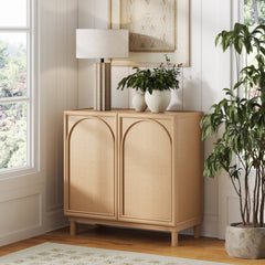 Boho Arched Storage Cabinet with Rattan Doors
