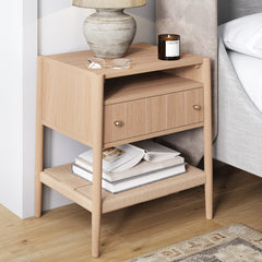 Wood Nightstand with Drawer & Seagrass Storage Raw Oak