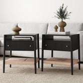 Wood Nightstand with Drawer & Seagrass Storage Black Oak (Set of 2)