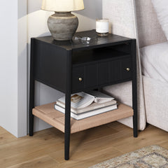 Wood Nightstand with Drawer & Seagrass Storage Black Oak