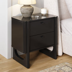 Mid Century Modern 2-Drawer Solid Wood Nightstand Black