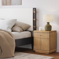 Fluted Nightstand with Drawer and Cabinet Storage Light Brown