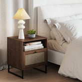 Rattan & Wood Storage Nightstand Walnut