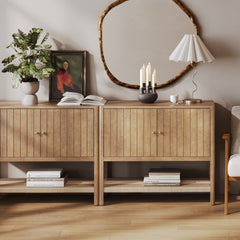 Mid-Century Grooved Door Storage Cabinet Light Brown