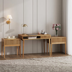 Solid Wood Fluted Desk & 2 Nightstands Bedroom Vanity Set