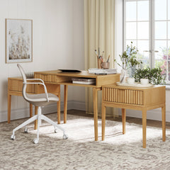 Solid Wood Fluted Desk & 2 Nightstands Bedroom Vanity Set