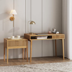 Solid Wood Fluted Desk & Nightstand Bedroom Vanity Set