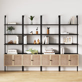Rattan Ladder Wall Bookshelves with Doors Black (Set of 4)