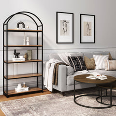 Wood & Metal 5-Shelf Arched Bookshelf Oak