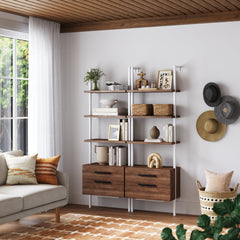 Wood Ladder Storage Bookshelves with Doors Oak Set of 2