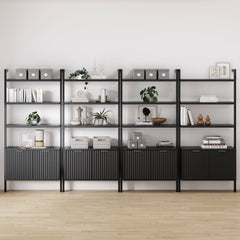 Mid-Century Fluted Wall Bookshelves with Doors Black (Set of 4)