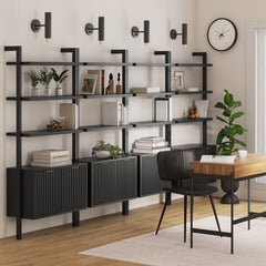 Mid-Century Fluted Wall Bookshelves with Doors Black (Set of 4)