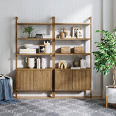 Mid-Century Fluted Wall Bookshelves with Doors Light Brown (Set of 2)