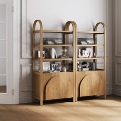 Mid-Century Arched Bookshelves with Doors Light Brown (Set of 2)