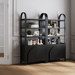 Mid-Century Arched Bookshelves with Doors Black (Set of 2)