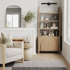 Mid-Century Arched Door Bookshelf with Doors Raw Oak