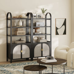 Arched Door Rattan Bookshelf with Doors Black Oak Set of 2