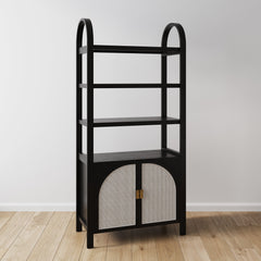 Arched Door Rattan Bookshelf with Doors Black Oak