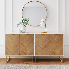 Wood Herringbone TV Console Credenza White (Set of 2)