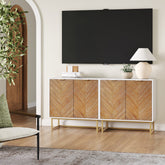 Wood Herringbone TV Console Credenza White (Set of 2)