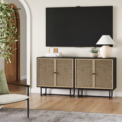 Rattan TV Console Credenza Black (Set of 2)