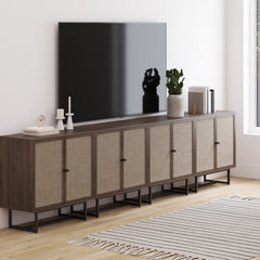 Large Rattan Credenza Console Table Walnut (Set of 4)