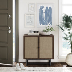 Wood & Rattan Storage Cabinet Walnut