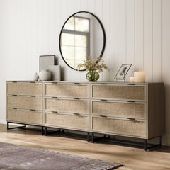 Rattan, Wood & Metal 3-Drawer Large Dresser Oak (Set of 3)