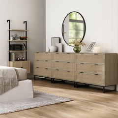 Rattan, Wood & Metal 3-Drawer Large Dresser Oak (Set of 3)