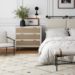 Rattan, Wood & Metal 3-Drawer Dresser White