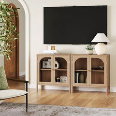Wood & Glass Door TV Console Credenza Raw Oak (Set of 2)