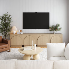 Wood Mid-Century Arched Credenza TV Console Gray Oak (Set of 4)