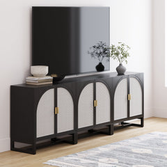 Rattan Arched TV Console Credenza Black (Set of 3)
