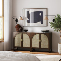 Boho Rattan Arched Door Storage Cabinet Dark Acacia