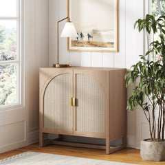 Boho Rattan Arched Door Storage Cabinet Raw Oak