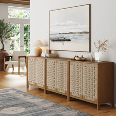 Boho Woven Seagrass TV Console Credenza Light Brown (Set of 3)