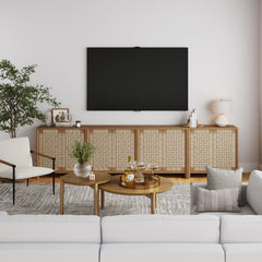 Large Woven Seagrass TV Console Credenza Light Brown (Set of 4)