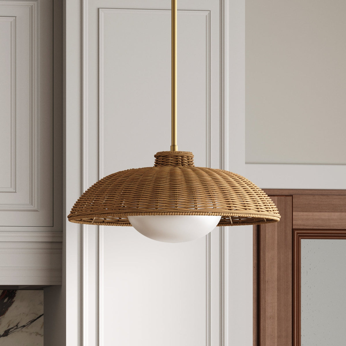 Boho Rattan Pendant Light Fixture with Glass Diffuser
